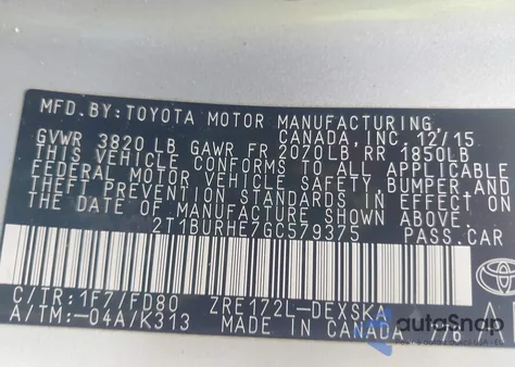 2016 Toyota Corolla S Plus z USA, uszkodzony, nr VIN 2T1BURHE7GC579375